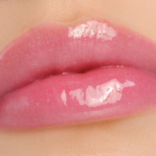 Armani Prisma Flash 01 Rose Flash lipstick on lips, displaying a glossy, luminous pink shade.