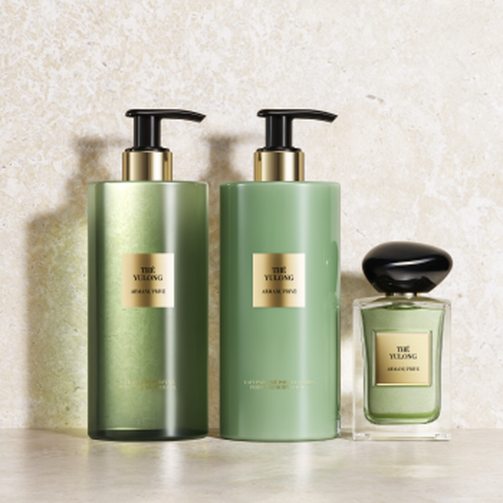 Le rituel complet Armani/Prive The Yulong : Savon, Lait et l'iconique Eau de Toilette aux tons vert sauge. Face a la pierre, ils celebrent l'equilibre serein du the et le raffinement d'un luxe artisanal.