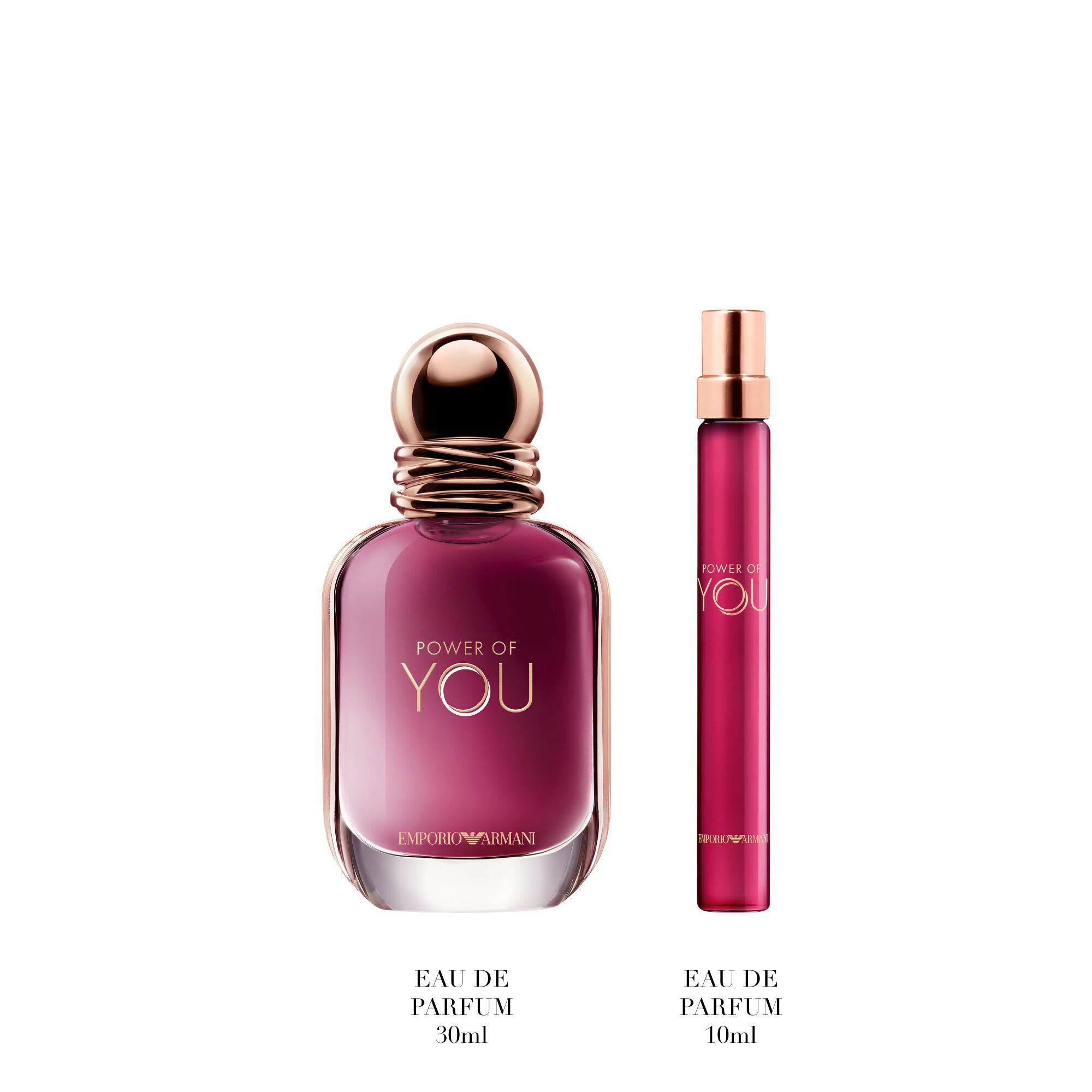 Power of You Eau de Parfum 30ml and 10ml, bold ruby bottles standing upright — Giorgio Armani women's floral fragrance gift set, white background.