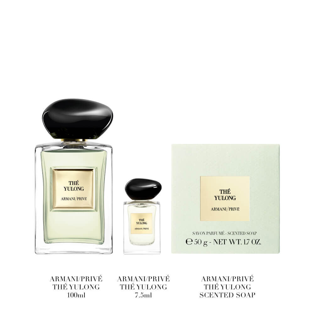 Armani Prive Les Eaux The Yulong Holiday gift set contents: 100ml eau de parfum bottle, 15ml miniature, and The Yulong scented soap, displayed on a white background.